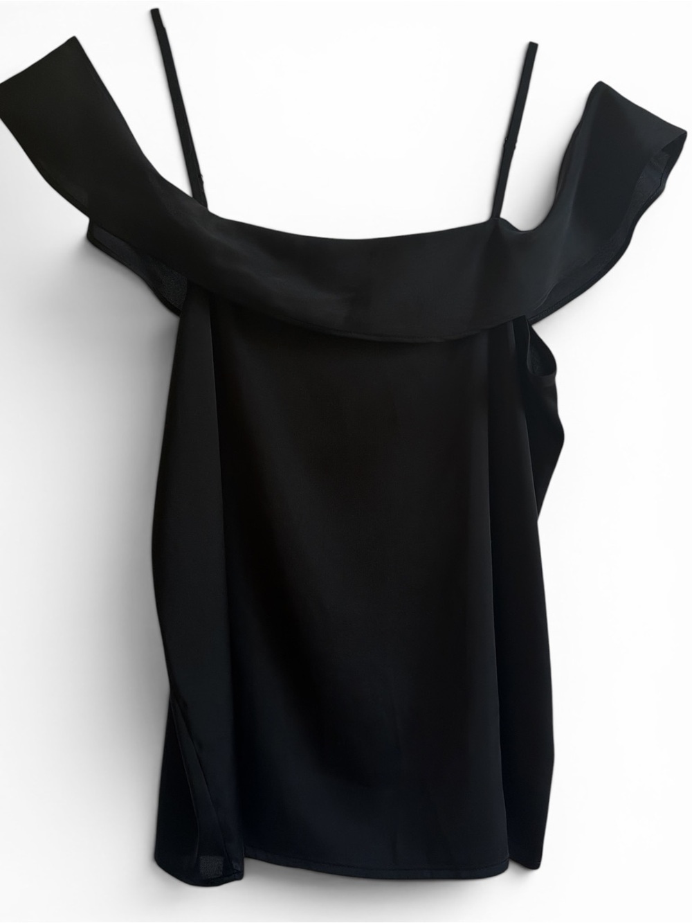 Express Simple Black Off Shoulder Ruffle Cami Top Spaghetti Strap Basic Satin